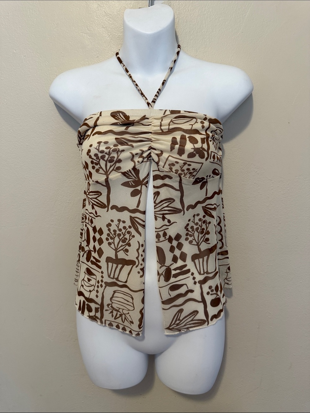 iris Cream and Brown Floral Halter Top